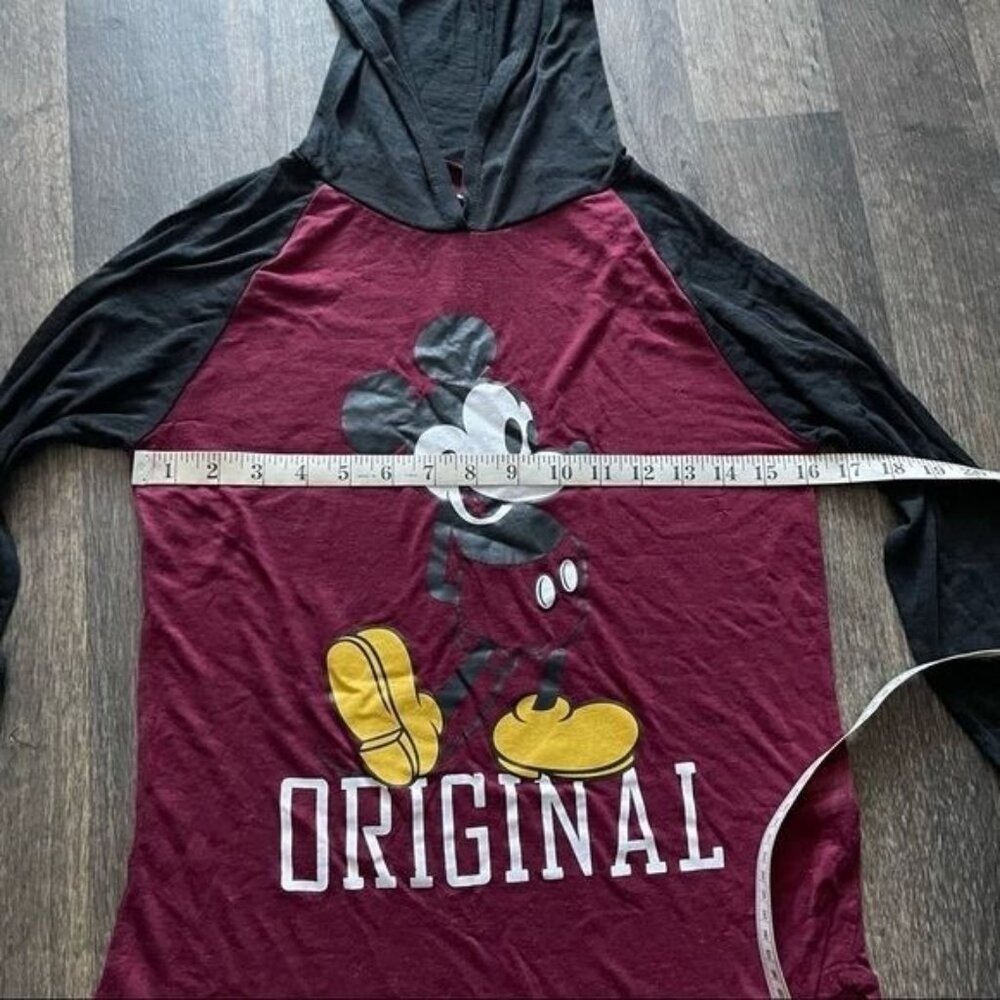Disney Mickey Mouse Burgundy & Black Burn Out Hoodie Top 3/4THS Sleeves Size S - Picture 7 of 8